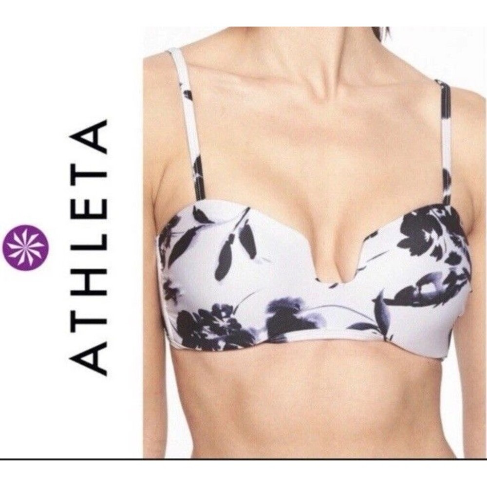 ATHLETA Floral Bikini Top Blue White Square Plunge Neck Swim Small EUC